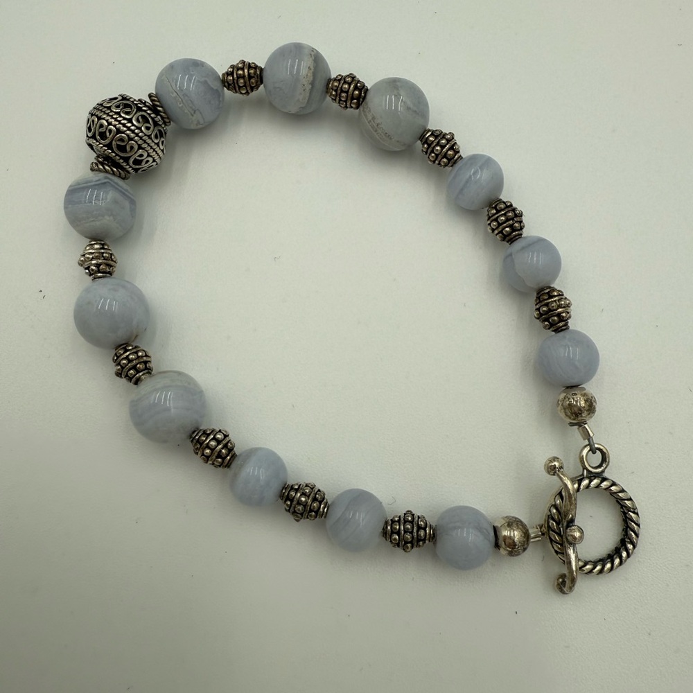 Sterling Silver Bali Bead and Blue Lace Agate Beaded Bracelet w/ Toggle Clasp - Picture 2 of 2